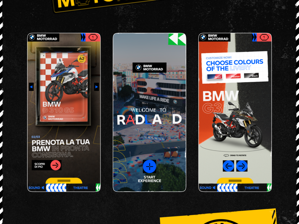 Three mobile app screens for BMW Motorrad. The left shows a BMW G 310 GS motorcycle. The middle shows a cityscape with 'Welcome to Radland'. The right shows motorcycle customization options.