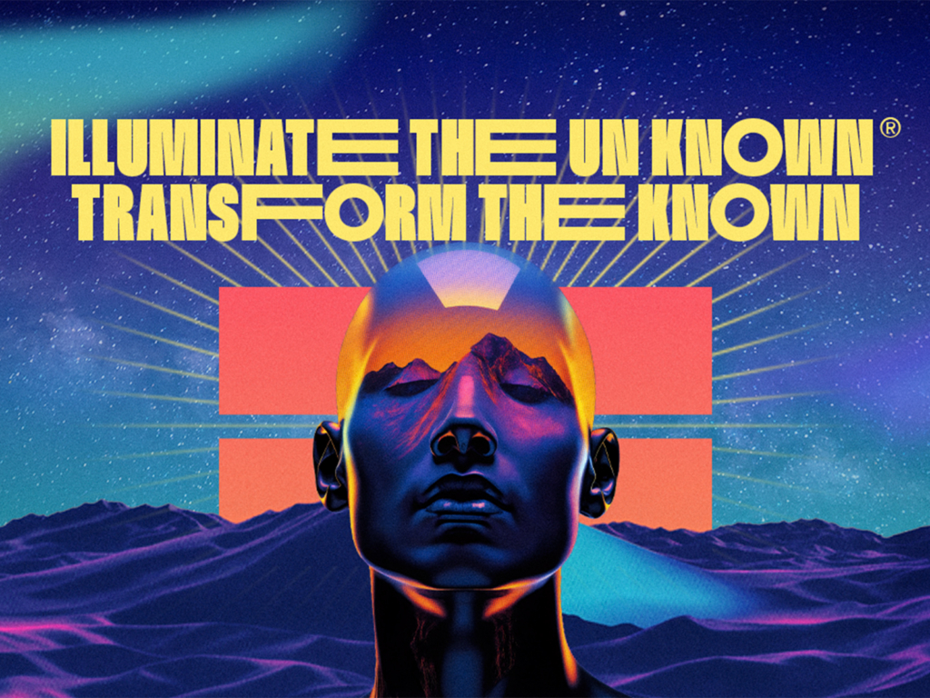 Digital art of a stylized human head with closed eyes, reflecting mountains. Text reads 'ILLUMINATE THE UN KNOWN® TRANSFORM THE KNOWN' against a starry sky and neon landscape.